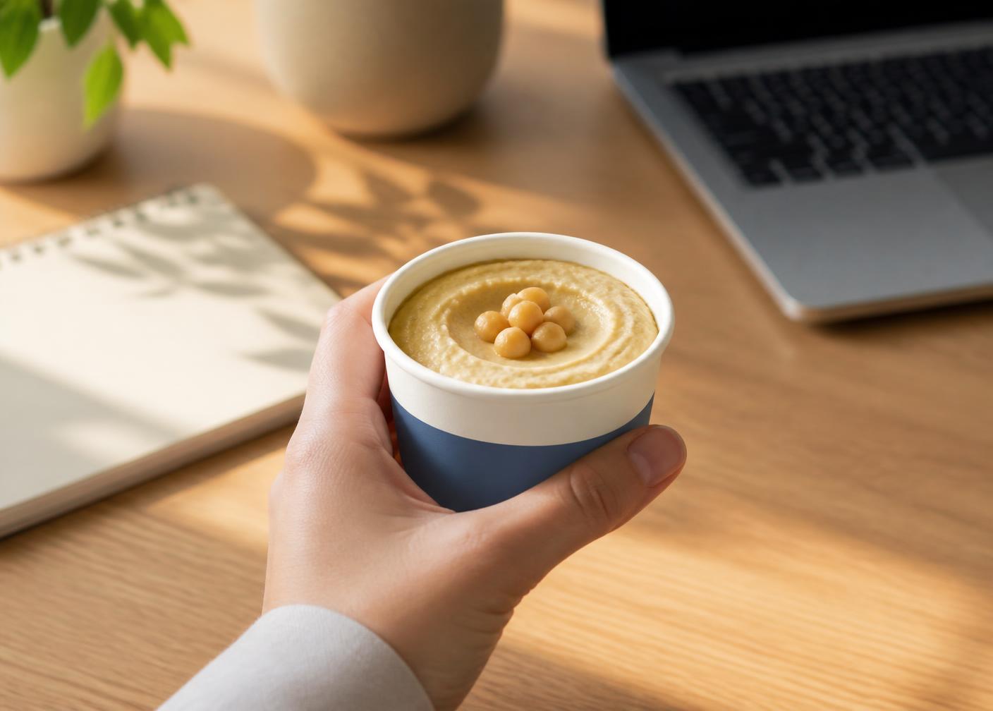 Someone holding a Got Hummus snack pack at their desk